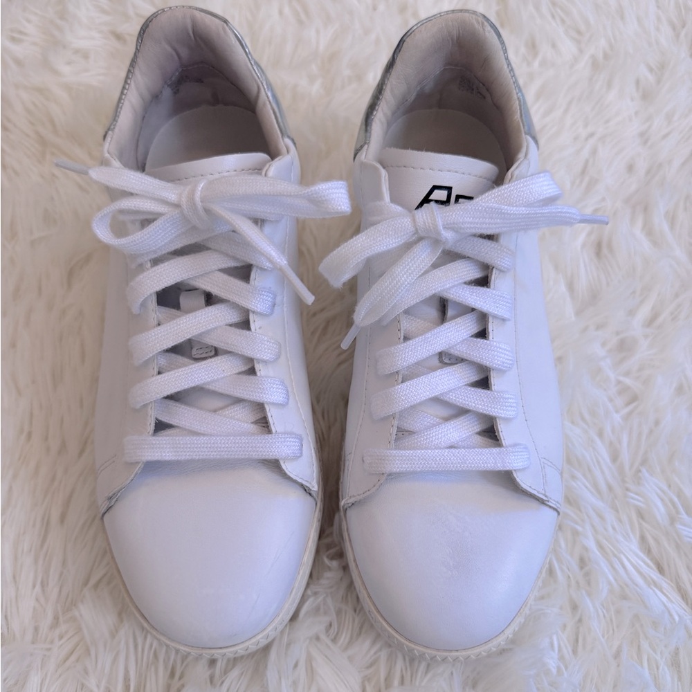 Ash Cult S white platform leather sneaker like new; silver hologram heel